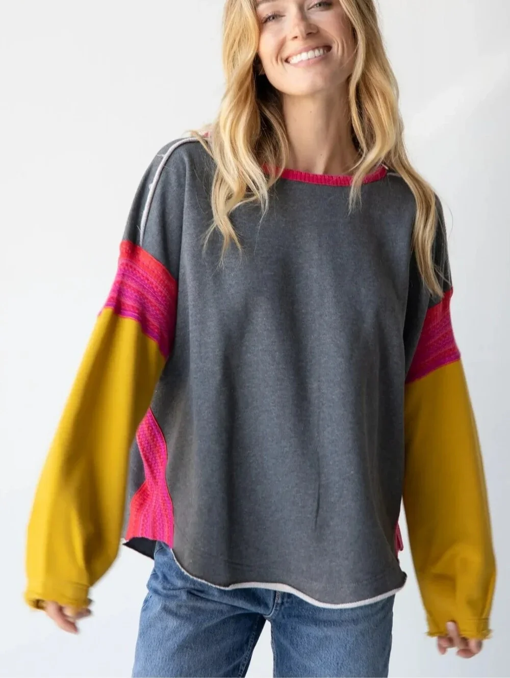 Natural Life Knit Trim Sweatshirt In Grey Size Small/Medium